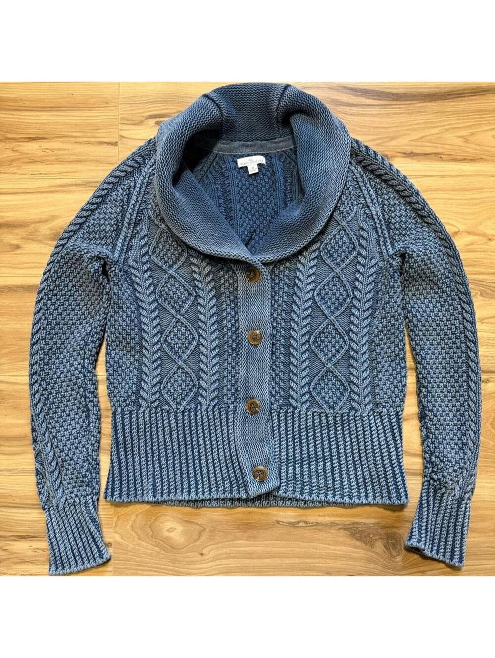 LL Bean Signature Indigo Fisherman Cable Shawl Cardigan